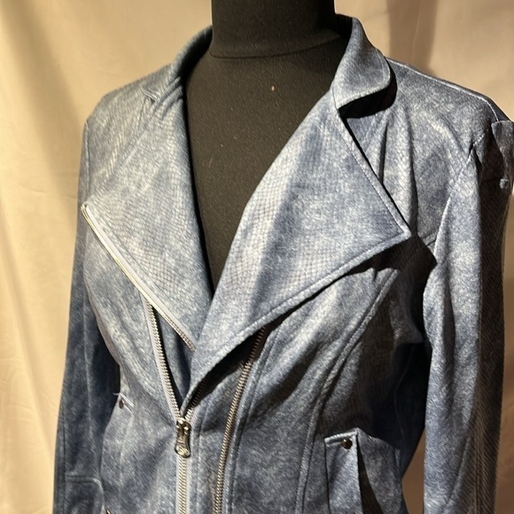 Medium blue double breasted zipper leather jacket snakeskin pattern nwt dressy - Picture 2 of 15